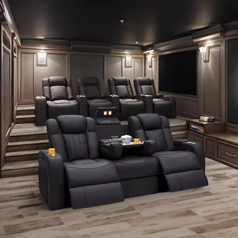 Home Cinema Chairs - 革製リクライニングソファセット 電動リクライニング ホームシアターソファセット シネマリクライニングチェア ブラックカラー 本革